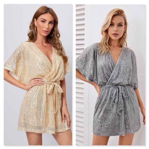 All Over Sequin Green V-Neck Belted Mini Dress - Picture 7 of 10